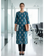 Anvita Teal Printed Cotton Kurta – Floral Motif Design – Elegant Everyday Ethnic Wear