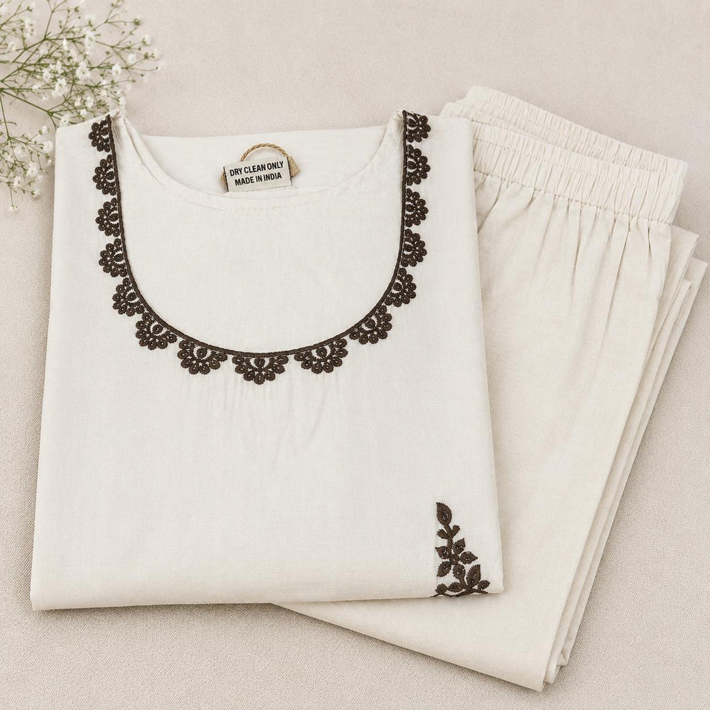 Revanta OffWhite Roman Silk Coord Set - Brown Embroidery on Neck, Body and Sleeves Along with Sequence, Straight Pants