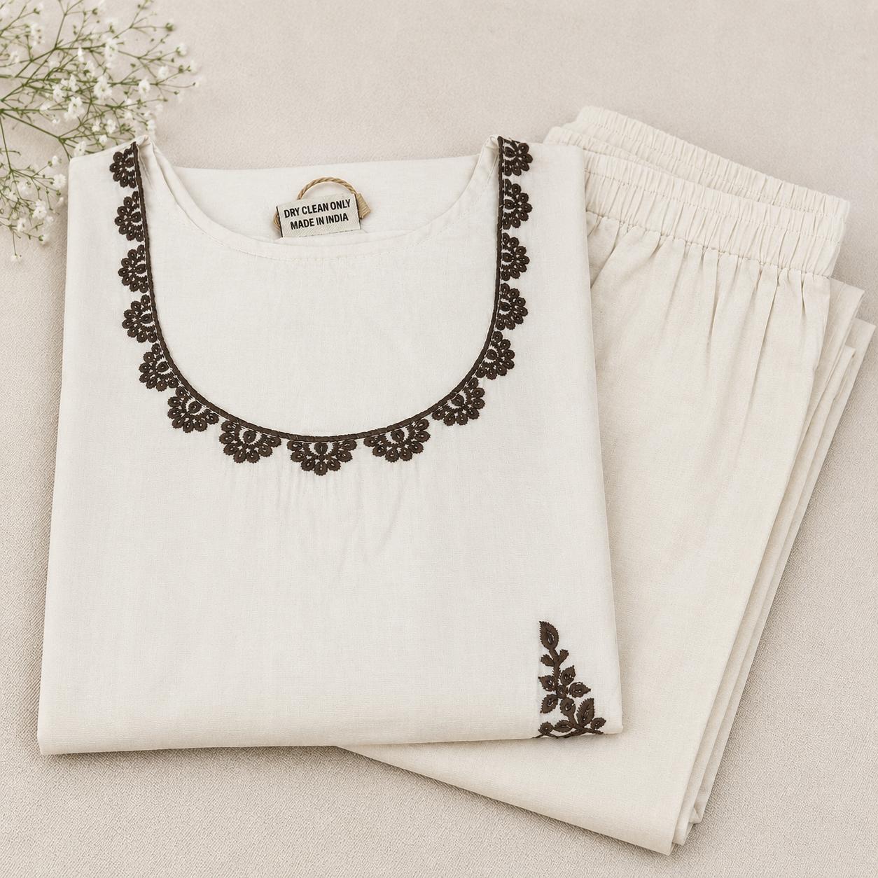 Revanta OffWhite Roman Silk Coord Set - Brown Embroidery on Neck, Body and Sleeves Along with Sequence, Straight Pants