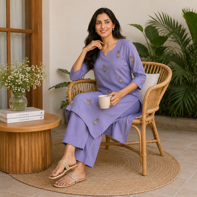 Revanta Lavender Malchanderi Straight Kurta Co-ord Set – Floral Embroidery & Inner Lining – Elegant Festive Wear