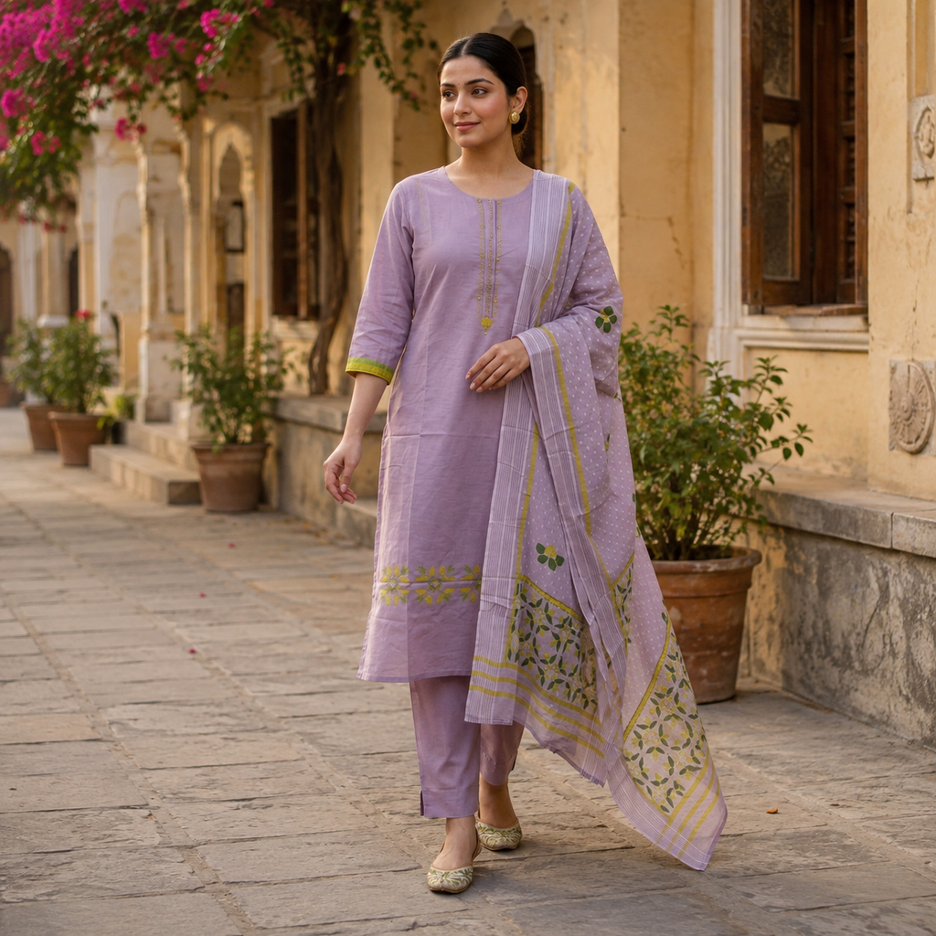 Anaya by Anvita Lavender Cotton  Embroidered  Kurta Set with Dupata