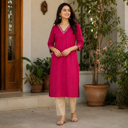 Anvita  ( Celebrations) Magenta Cotton Silk Kurti with Embroidery & Sequin Detailing