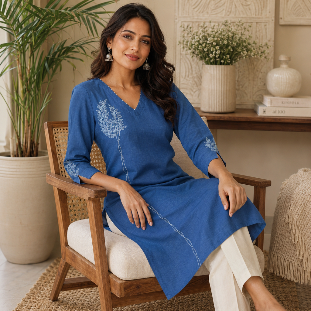 Anvita Royal Blue Cotton Kurti with Sequin-Accented V-Neck and Intricate Silver & Blue Embroidery