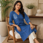 Anvita Royal Blue Cotton Kurti with Sequin-Accented V-Neck and Intricate Silver & Blue Embroidery