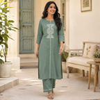 Anvita Sage Green Cotton Kurta Pant Set with Geometric Embroidery & Sequin Detailed Yoke