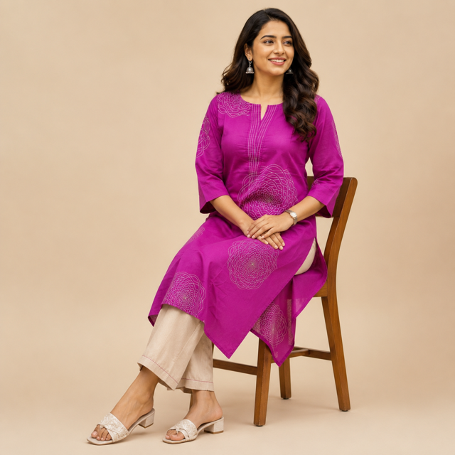 Revanta Deep Lavender Aline Kurta with Pocket, Geometric Print and Elegant Neck Pattern