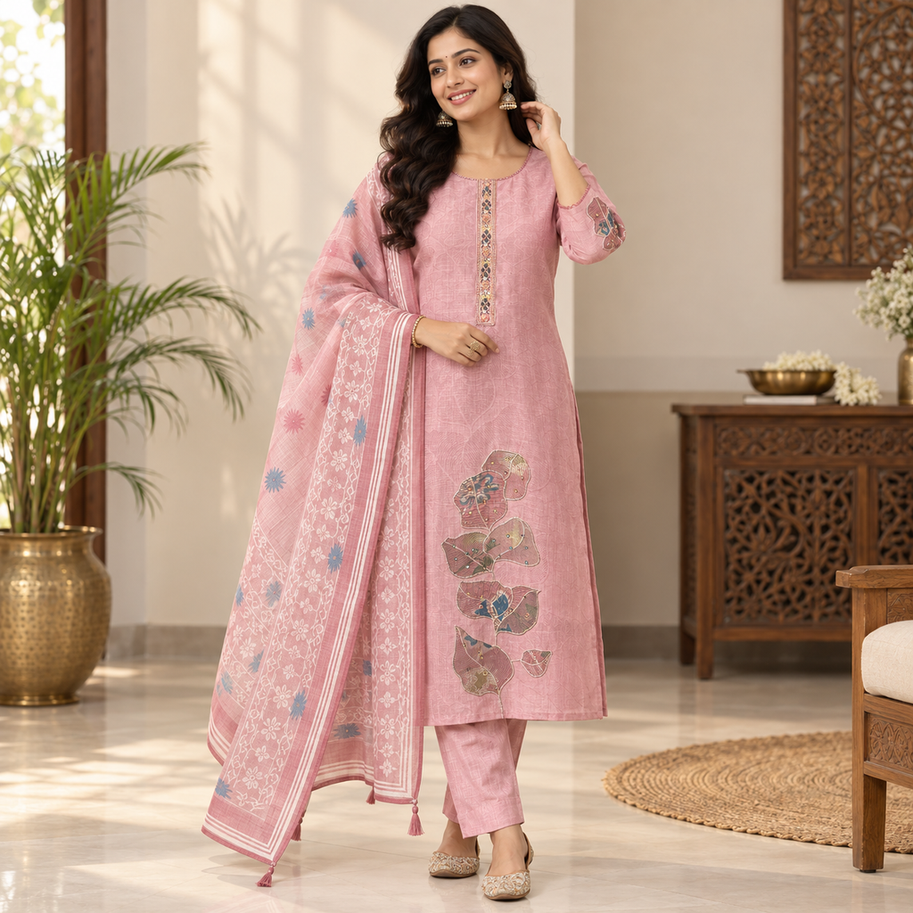 Revanta Dusty Pink Printed 3-Piece Suit with Floral Applique Hem and Matching Dupatta
