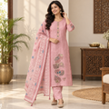 Revanta Dusty Pink Printed 3-Piece Suit with Floral Applique Hem and Matching Dupatta