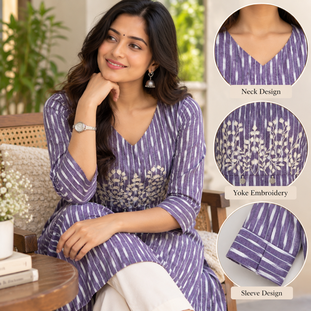 Anvita Purple Striped Cotton Kurta with Floral Yoke Embroidery & 3/4 Sleeves