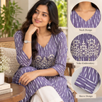 Anvita Purple Striped Cotton Kurta with Floral Yoke Embroidery & 3/4 Sleeves