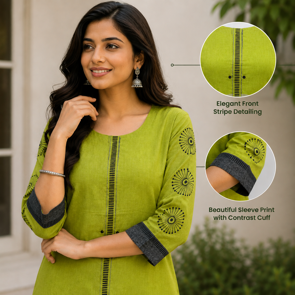 Anvita Lime Green Straight Kurta with Contrast Sleeves and Front Stripe Design