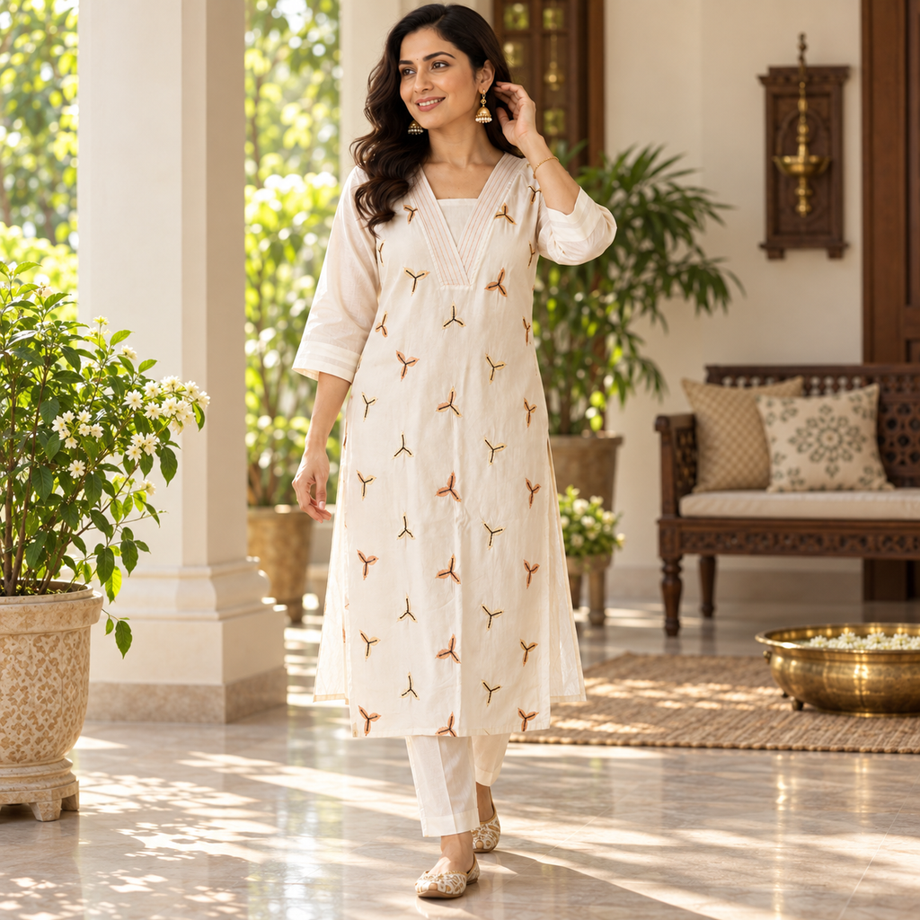 Revanta Cream Straight-Fit Kurta Co-Ord Set with V-Neck Pintucks and Motif Embroidery