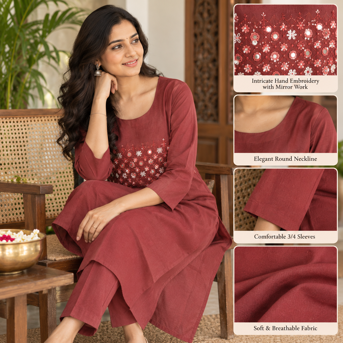 Revanta Maroon Cotton Co-Ord Set with Hand Embroidery & Mirror Work