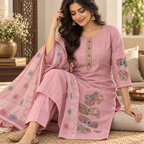 Revanta Dusty Pink Printed 3-Piece Suit with Floral Applique Hem and Matching Dupatta