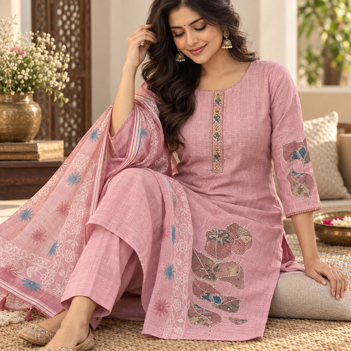 Revanta Dusty Pink Printed 3-Piece Suit with Floral Applique Hem and Matching Dupatta