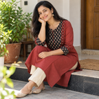 Anvita Maroon Cotton  Kurta with Embroidered Yoke, Floral & Glass Work