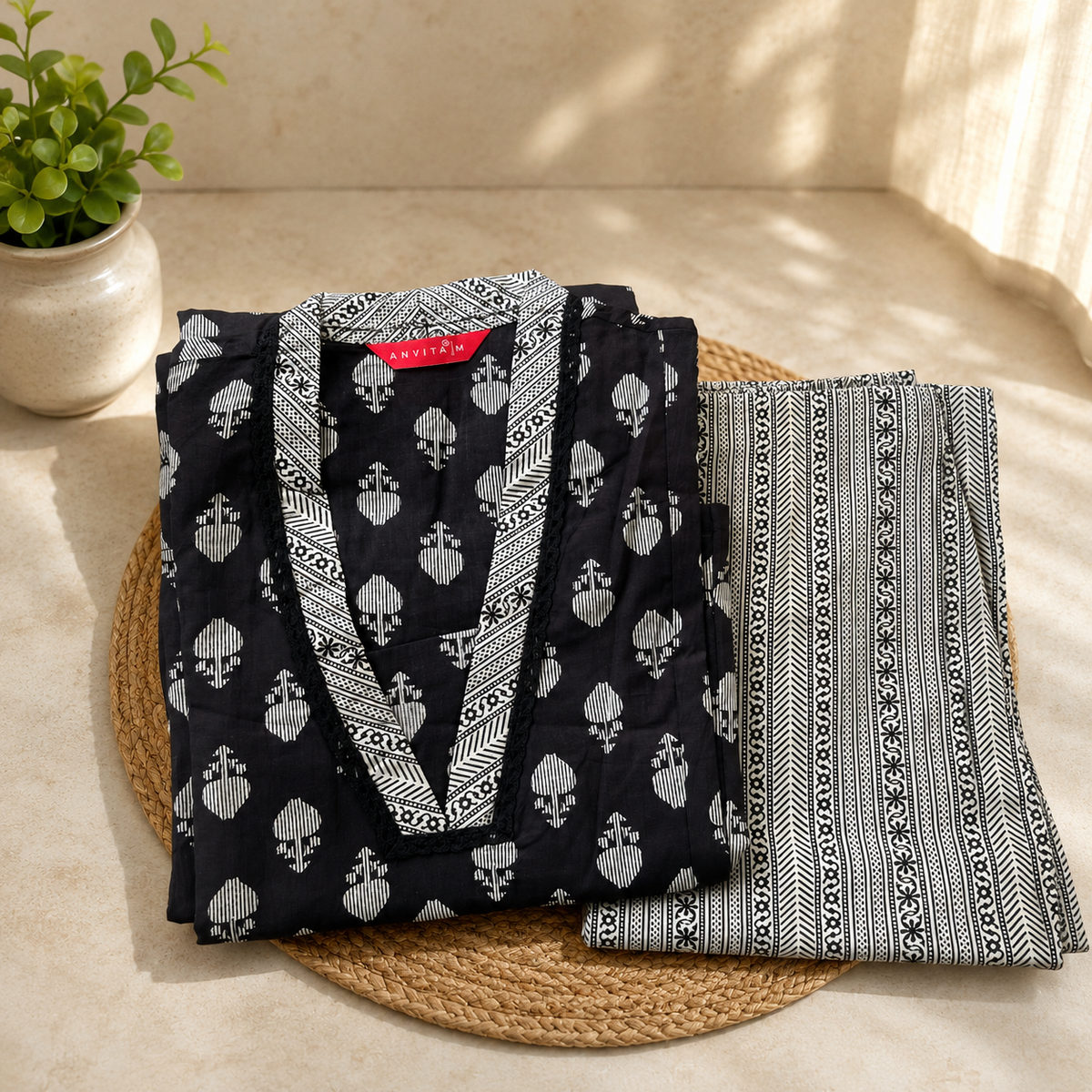 Anvita Elegant Navy Blue Printed Kurta with Palazzo Set  | V-Neck