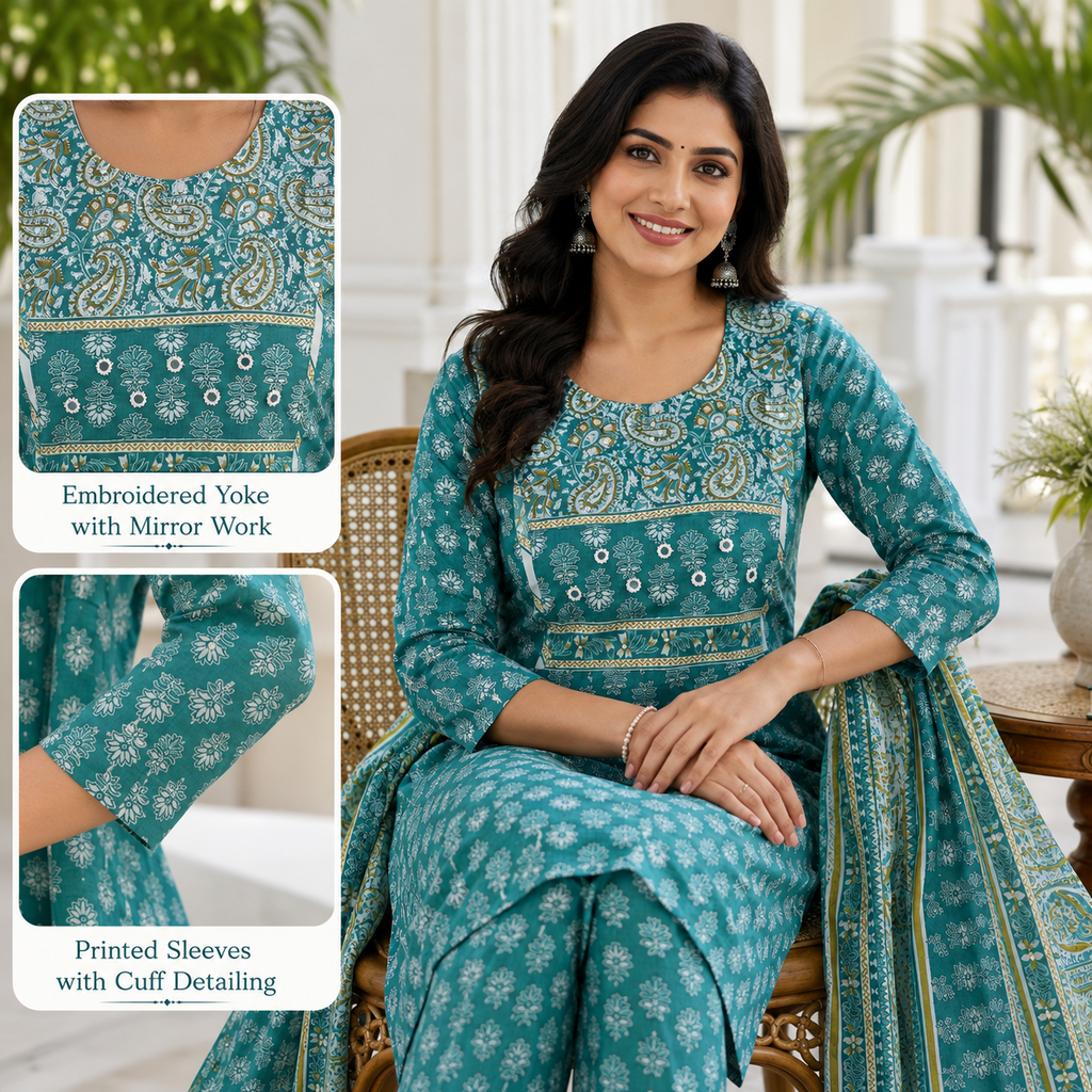 Revanta Teal Paisley Print Cotton Kurta Pant Set with Mirror Work & Dupatta