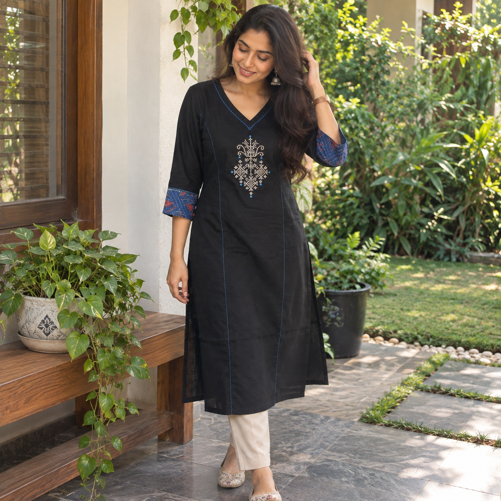 Anvita Black Cotton Kurta with Blue Printed Sleeves & Embroidered Yoke