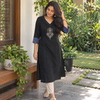 Anvita Black Cotton Kurta with Blue Printed Sleeves & Embroidered Yoke