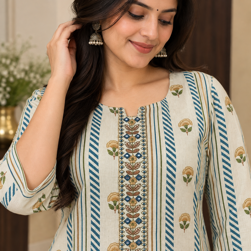 Revanta Cream & Teal Blue Cotton Kurta Set  | Floral Print & Embroidered Yoke