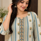 Revanta Cream & Teal Blue Cotton Kurta Set  | Floral Print & Embroidered Yoke