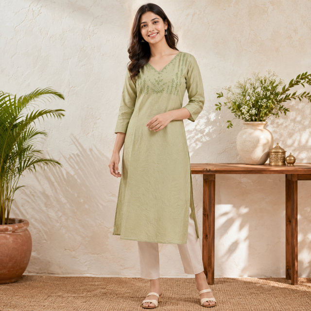 Women’s A-Line Kurti in Crushed Nylon with Bead Handwork and Lining-Green