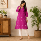 Revanta Magenta Cotton Kurta – White Dotted Print & Structured V-Neck Detail – Smart Casual Ethnic Wear