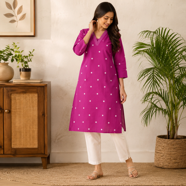 Revanta Magenta Cotton Kurta – White Dotted Print & Structured V-Neck Detail – Smart Casual Ethnic Wear