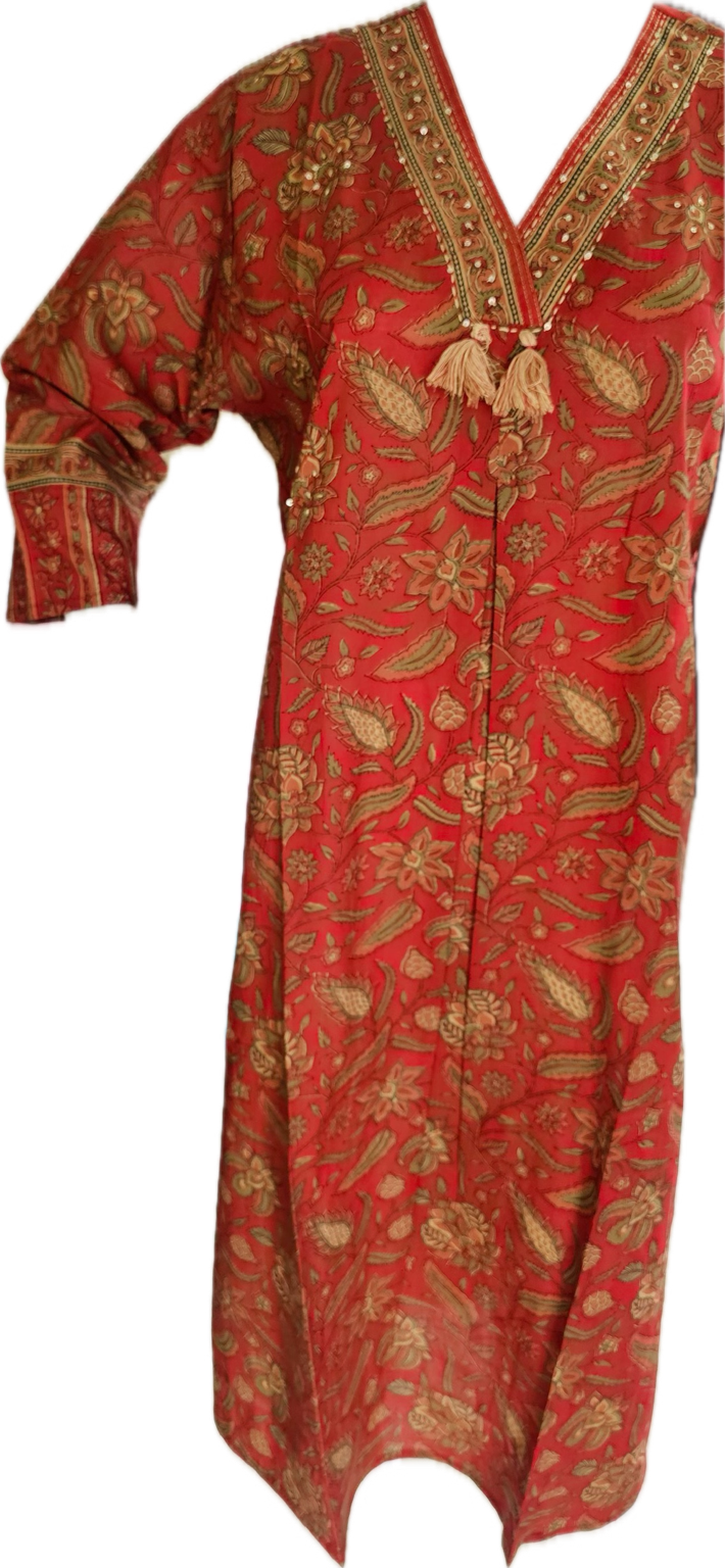 Revanta Rust Ethnic Floral Printed Kurta with Tassel Neckline