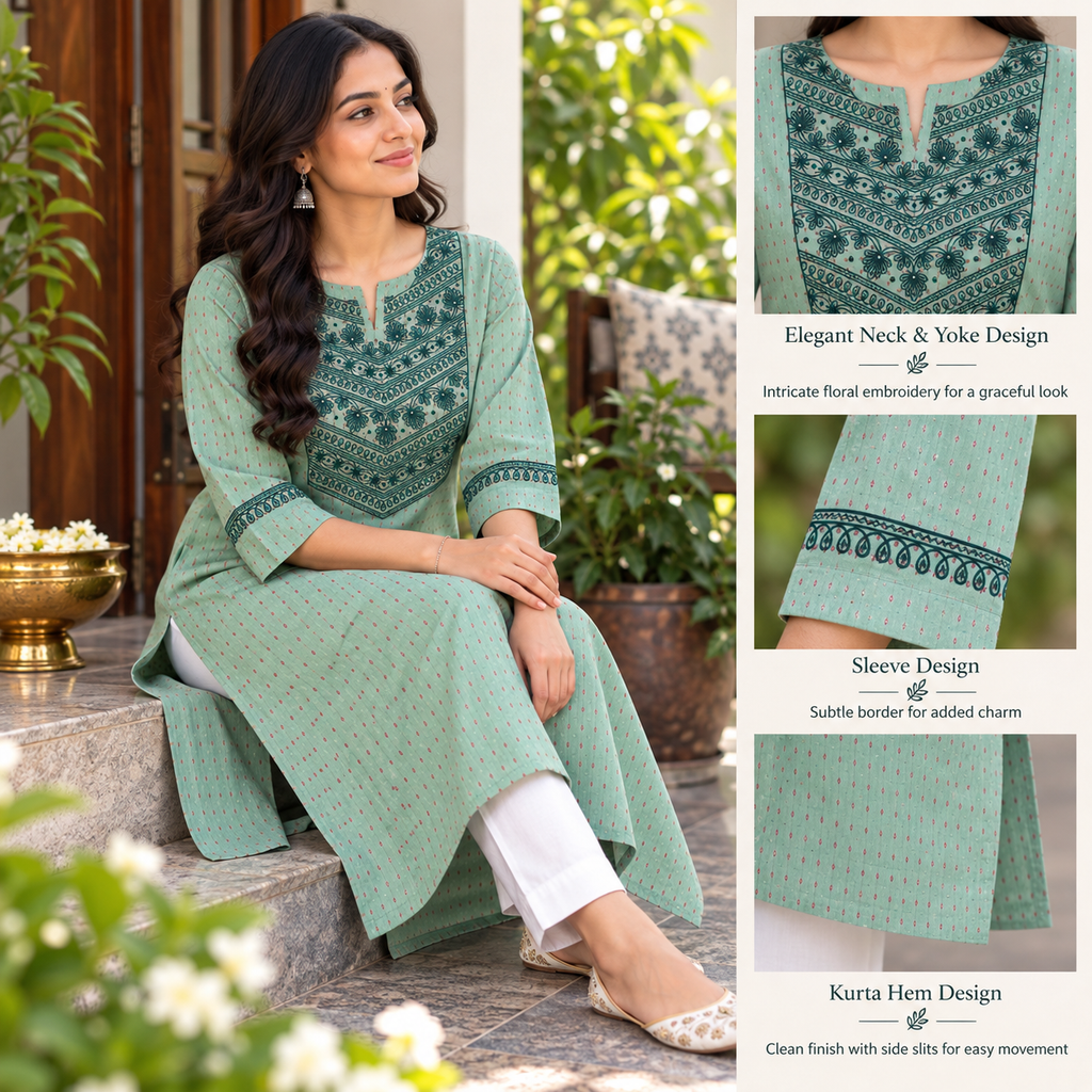 Anvita Pista Green Printed Cotton Kurti with V-Neck & Floral Print