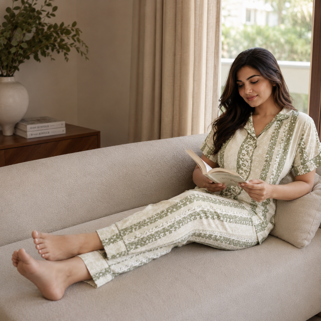 Revanta Women’s Olive Green Soft Printed Night Suit – Comfortable Lounge & Sleepwear Set