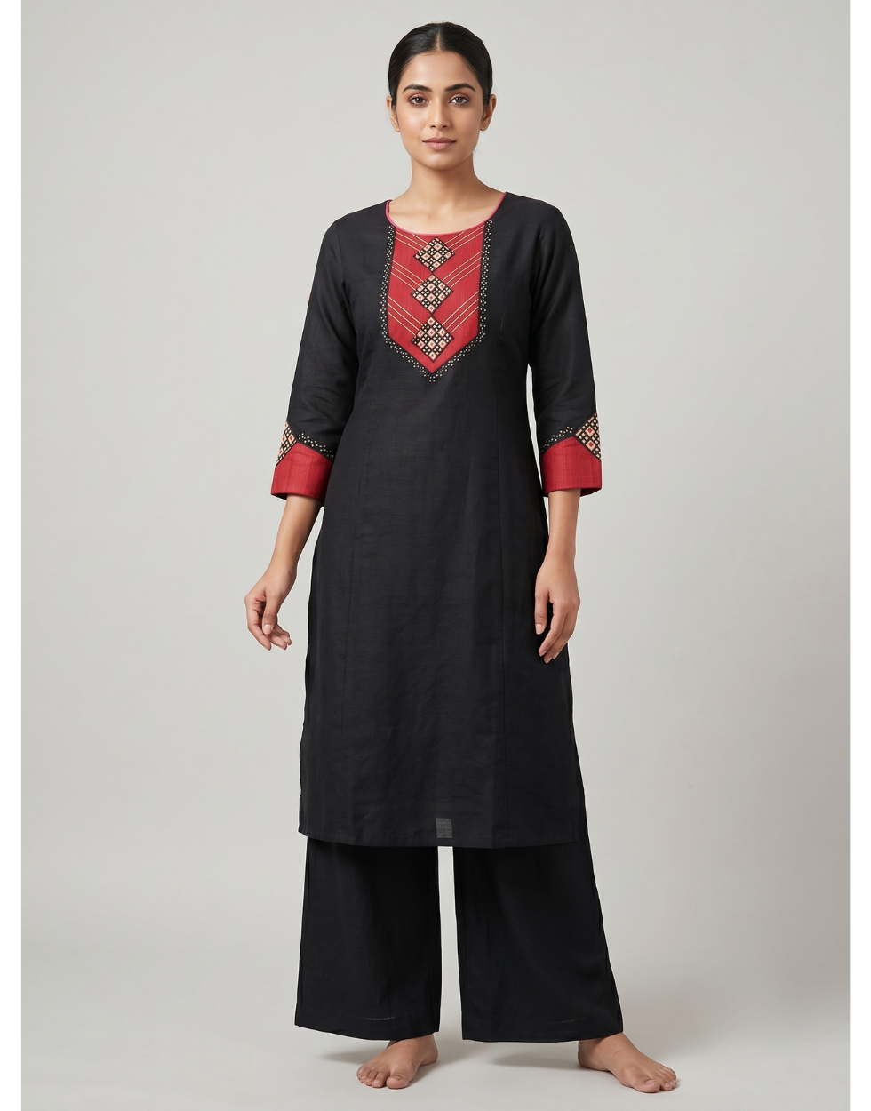 Anvita Black Pure Cotton Coord Set with 3/4 Sleeve & Printed Maroon Detailing on Yoke & Sleeve