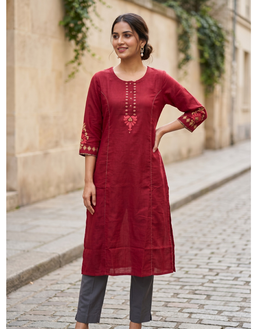 Anvita Ruby Red Pure Cotton Straight Kurta – Minimalist Embroidered Yoke & 3/4 Sleeves