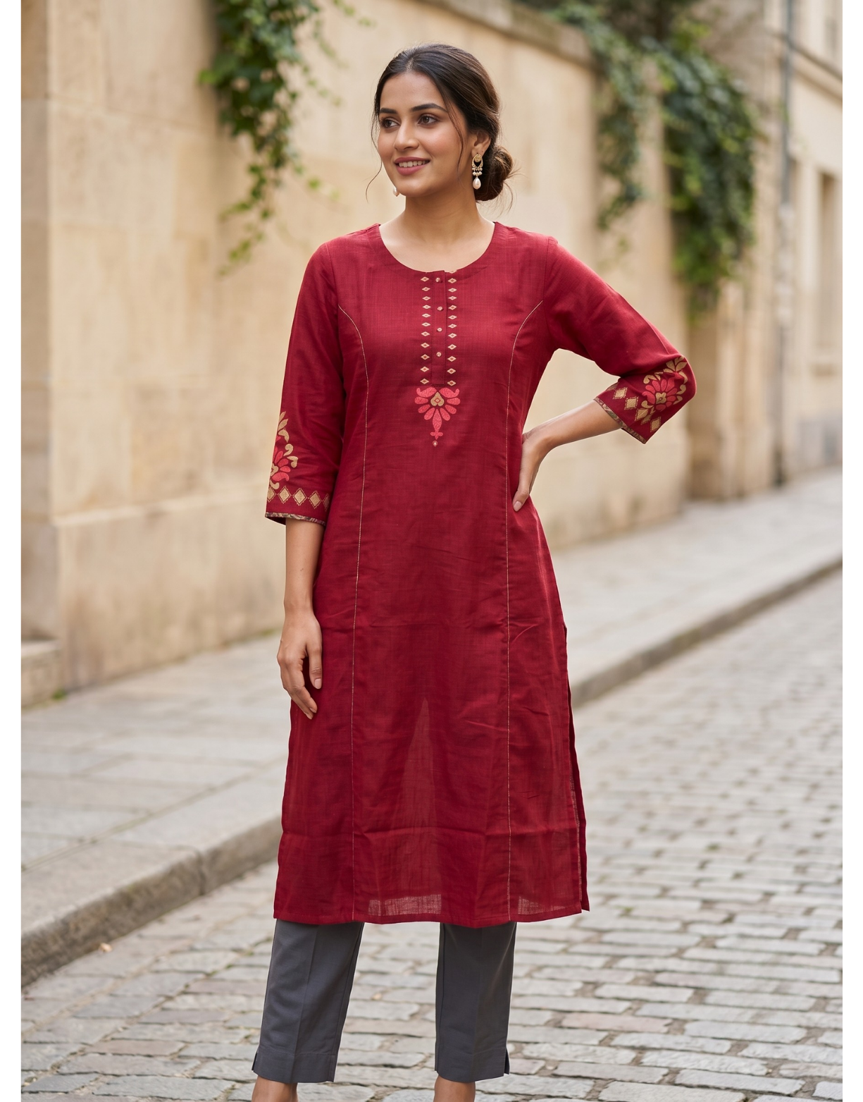 Anvita Ruby Red Pure Cotton Straight Kurta – Minimalist Embroidered Yoke & 3/4 Sleeves