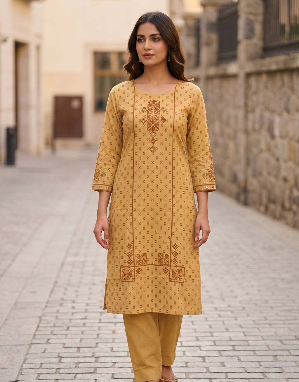 Anvita Mustard Yellow Pure Cotton Co-ord Set – Geometric Print Straight Kurta with Trousers
