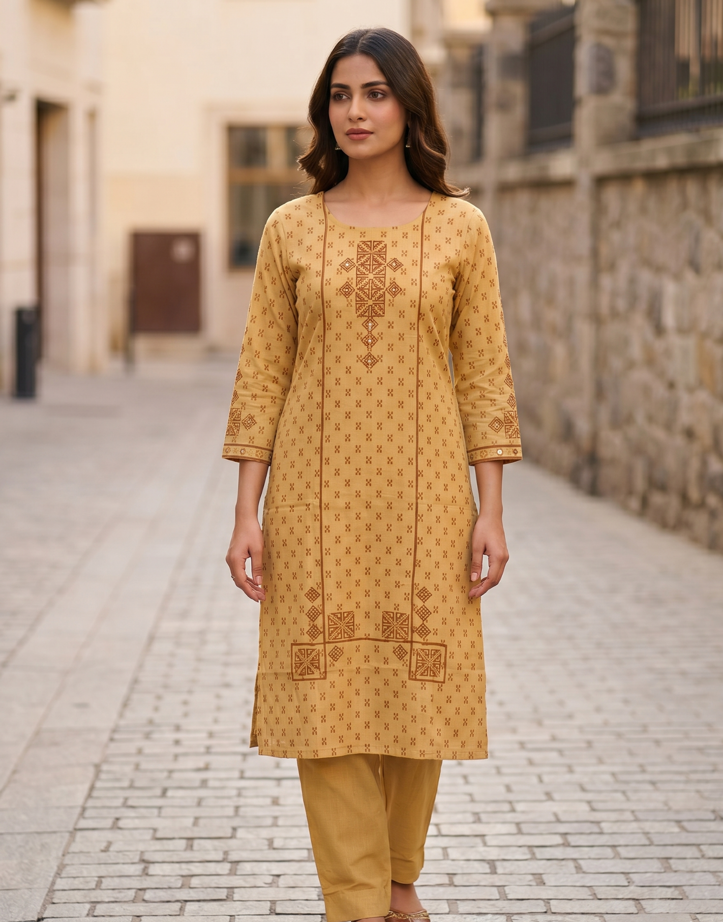 Anvita Mustard Yellow Pure Cotton Co-ord Set – Geometric Print Straight Kurta with Trousers