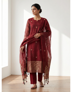 Revanta Maroon Jamdhani Cotton Kurta Set – Elegant Heritage Suit with Dupatta