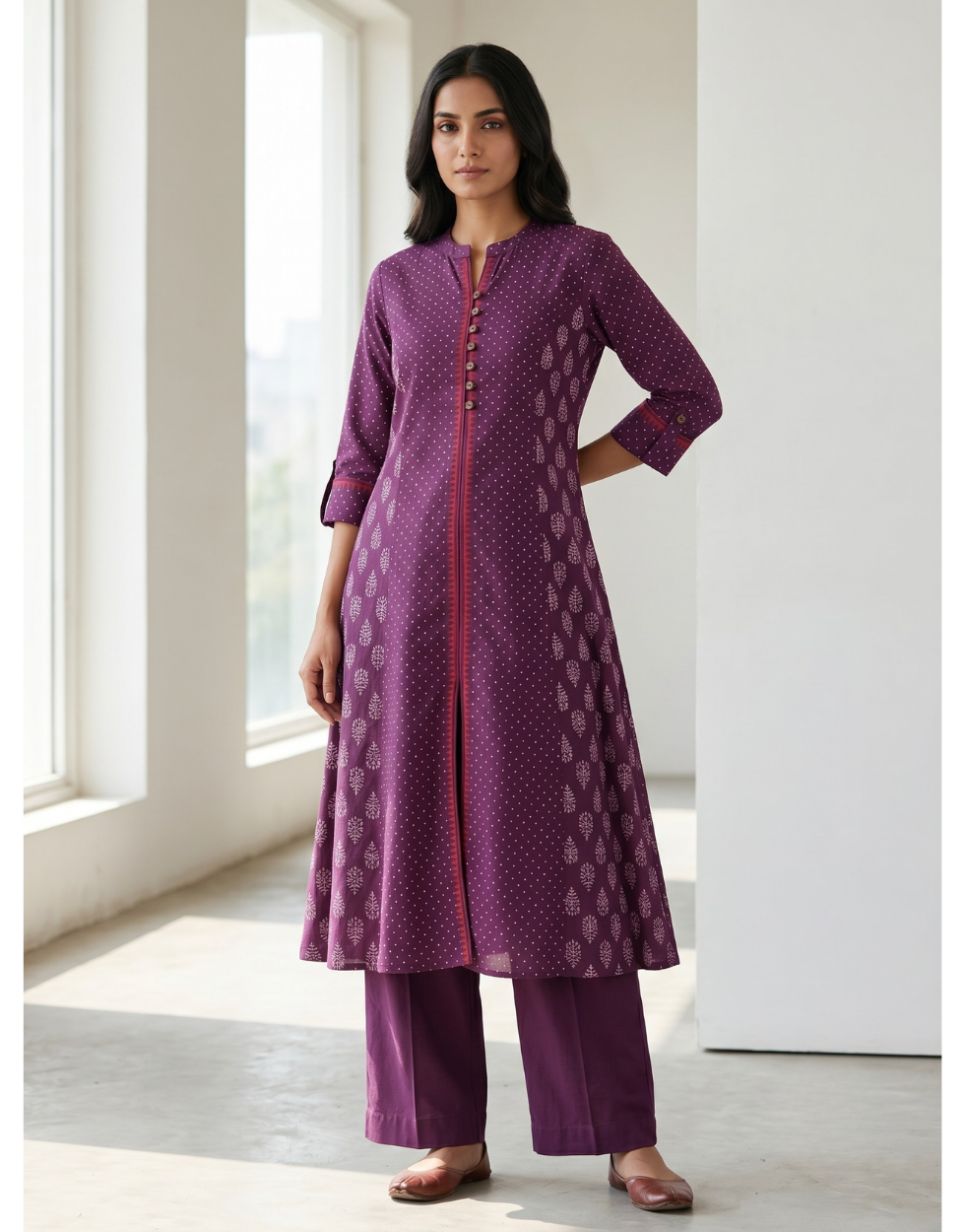 Anvita Purple Cotton Slub Kurta – Elegant Printed Yoke & Sleeve Detail – Chic Festive Wear