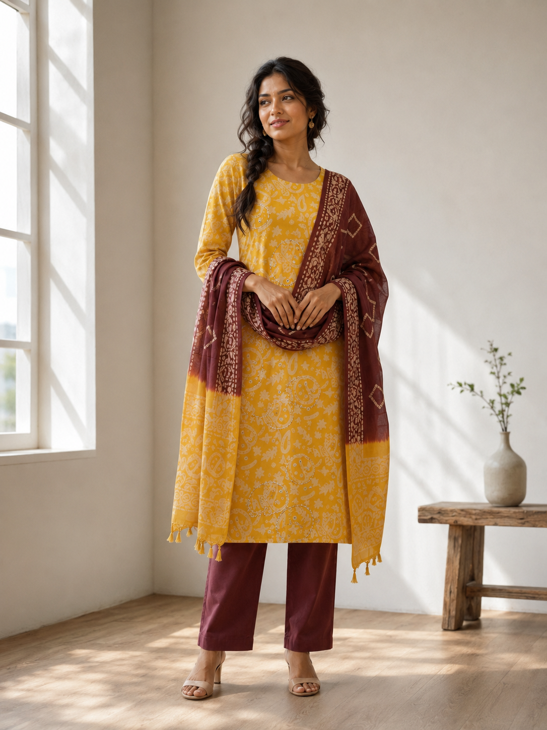 Revanta Mango Yellow Printed 3-Piece Suit – Contrasting Maroon Pants & Patterned Dupatta