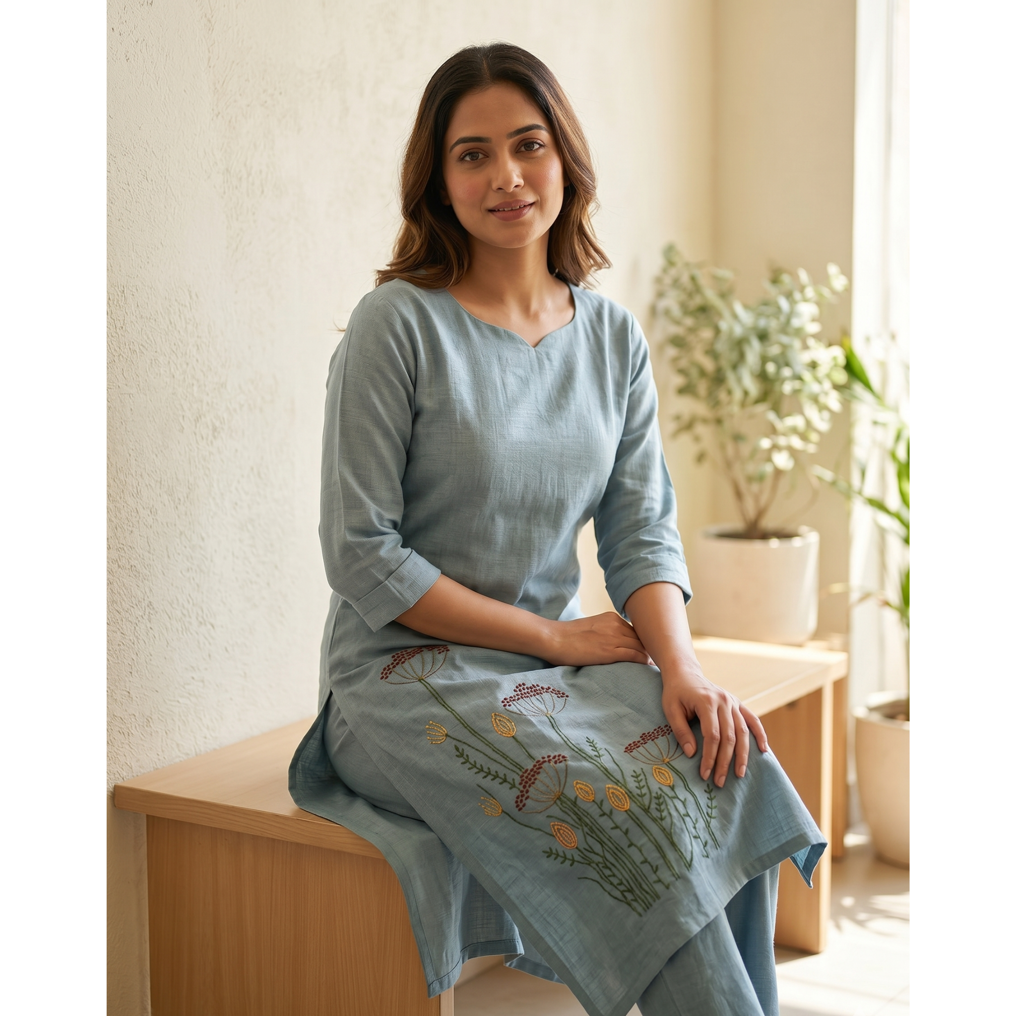 Women's A-Line Kurta Set with Inner Lining – Crushed Nylon Beadwork in Grape Purple & Light Blue