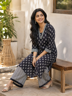 Anvita Black Printed A-Line Kurta Co-Ord Set with Contrast Patterned Palazzos