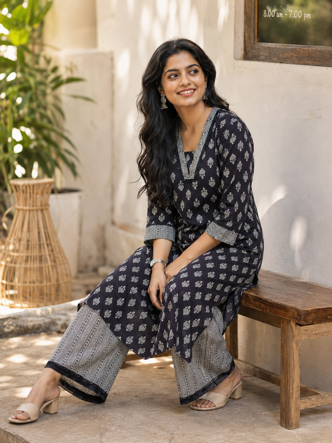Anvita Black Printed A-Line Kurta Co-Ord Set with Contrast Patterned Palazzos