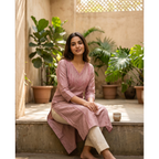 Women’s A-Line Kurti in Crushed Nylon with Bead Handwork and Lining-Dusty Mauve