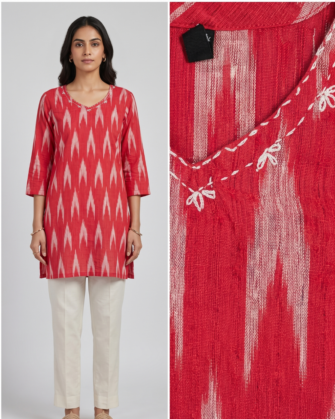 Coral Red Cotton Short Kurti – Ikat Digital Print & V-Neck