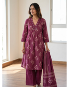 Mauve Purple Cotton A-Line Kurta Set with Dupatta – Floral Digital Print & Mirror-Work Yoke