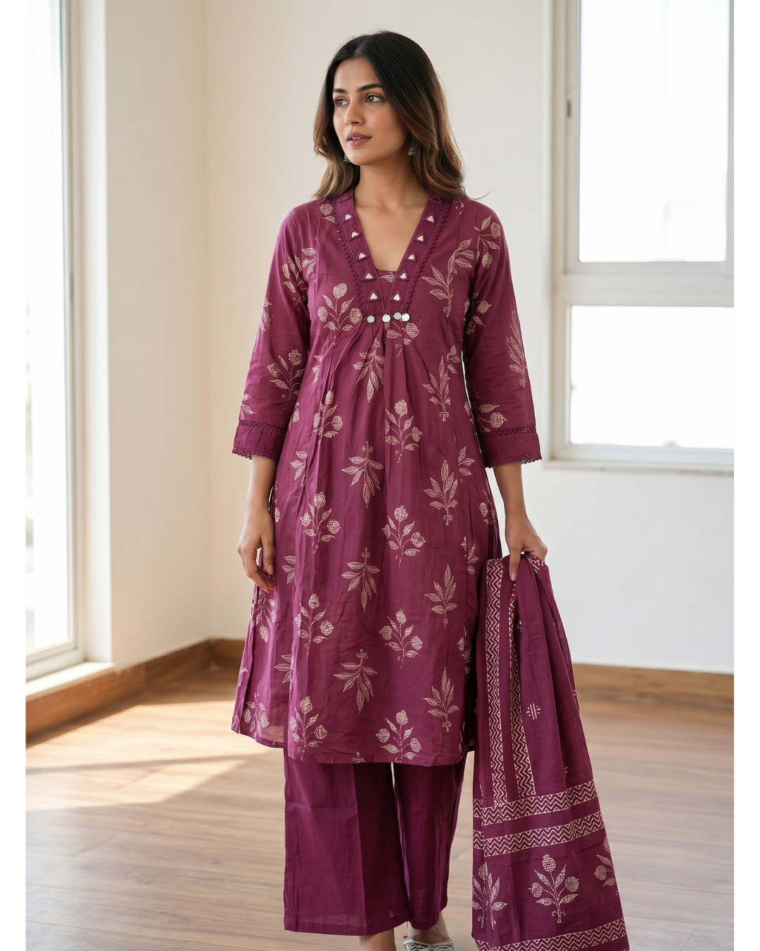 Mauve Purple Cotton A-Line Kurta Set with Dupatta – Floral Digital Print & Mirror-Work Yoke