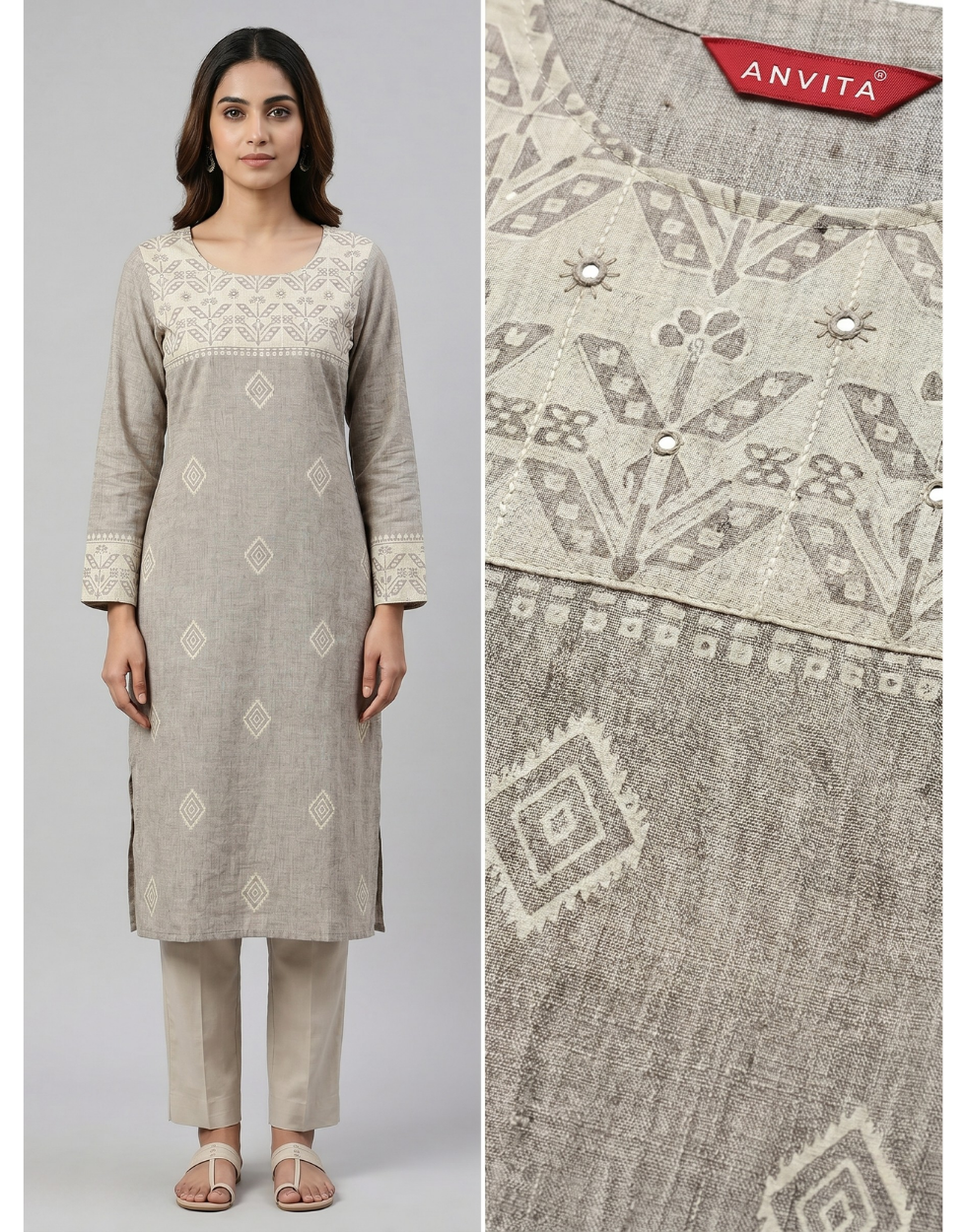Anvita Ash Cotton Slub Kurta – Embroidered Yoke & Delicate Diamond Motif – Minimalist Chic
