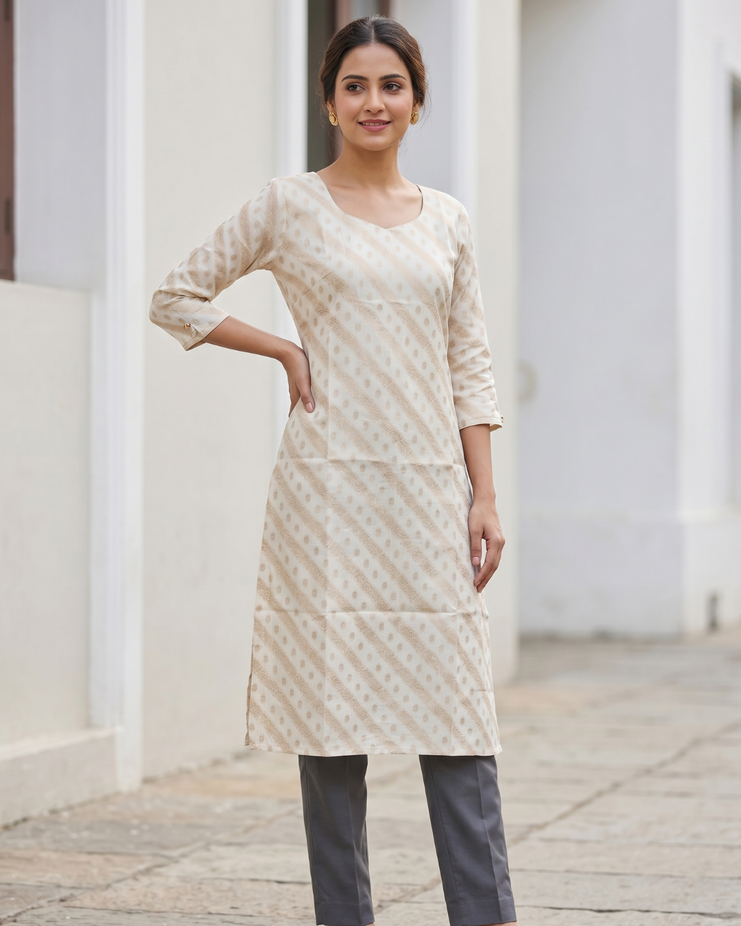 Cream Banaras Silk-Style A-Line Dress for Women – Textured Geometric Occasion Wear