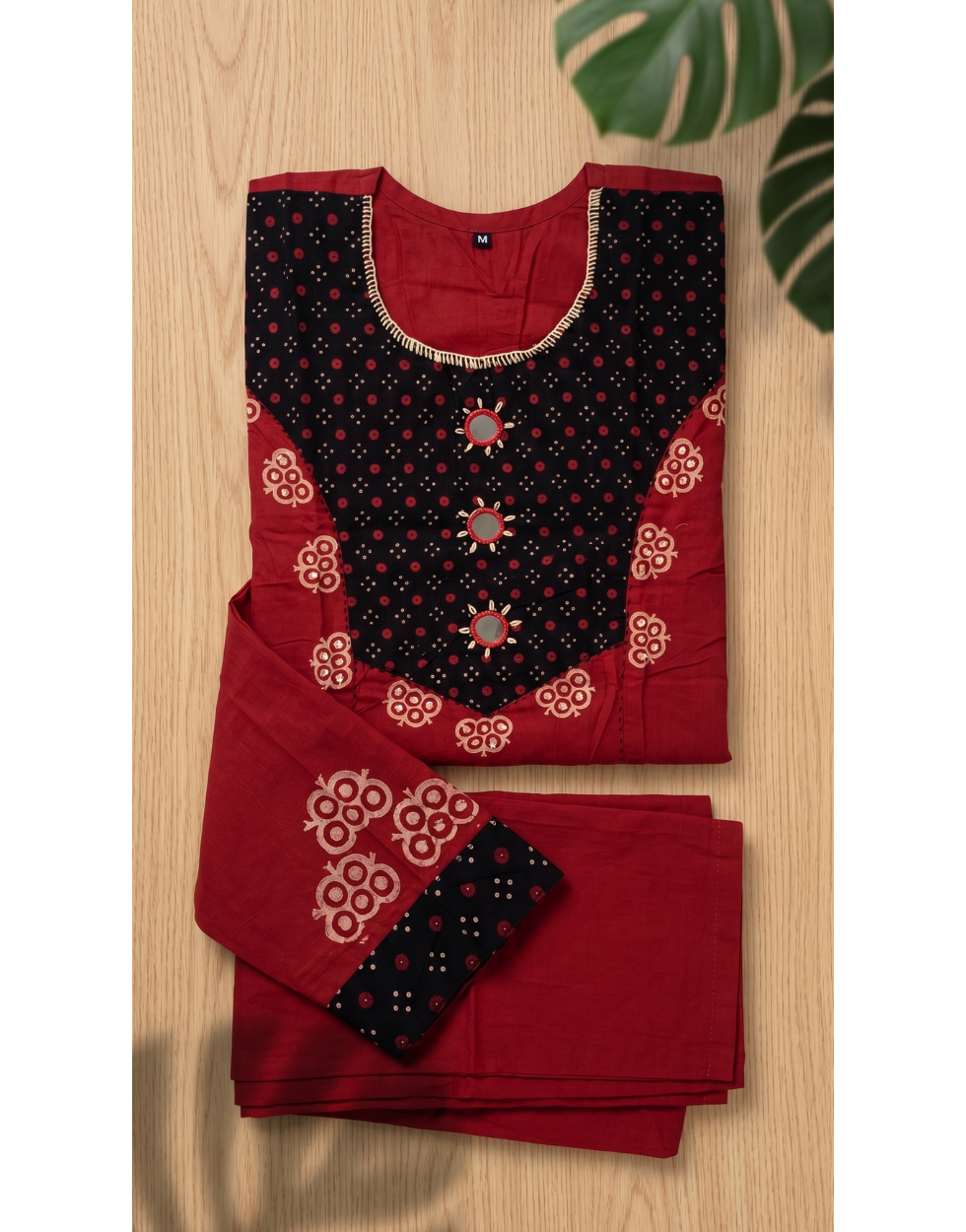 Crimson Red Cotton Straight Kurta Palazzo Set – Contrast Yoke & Mirror-Work Digital Print